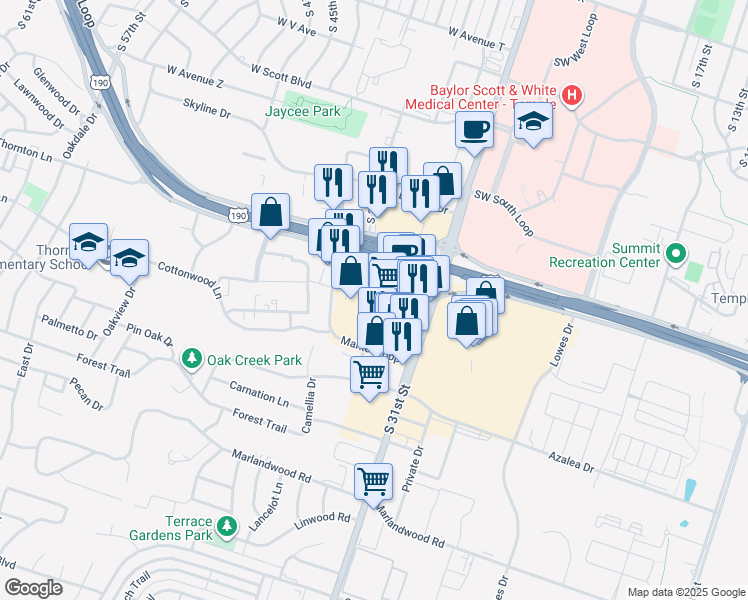 map of restaurants, bars, coffee shops, grocery stores, and more near 3056 South 31st Street in Temple