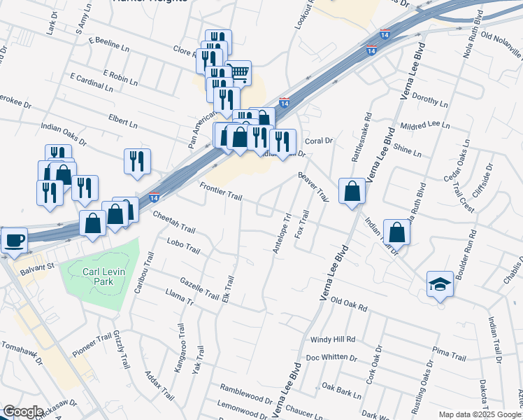 map of restaurants, bars, coffee shops, grocery stores, and more near 1701 Possum Trail in Harker Heights