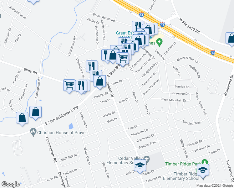 map of restaurants, bars, coffee shops, grocery stores, and more near 4404 Colby Drive in Killeen