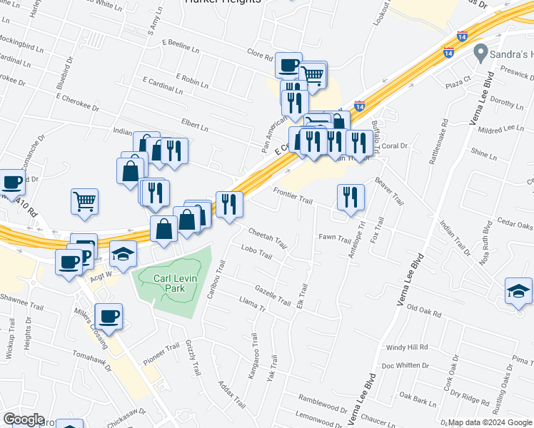 map of restaurants, bars, coffee shops, grocery stores, and more near 326 Morgan Street in Harker Heights