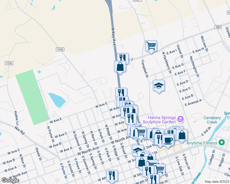 map of restaurants, bars, coffee shops, grocery stores, and more near 608 North Key Avenue in Lampasas