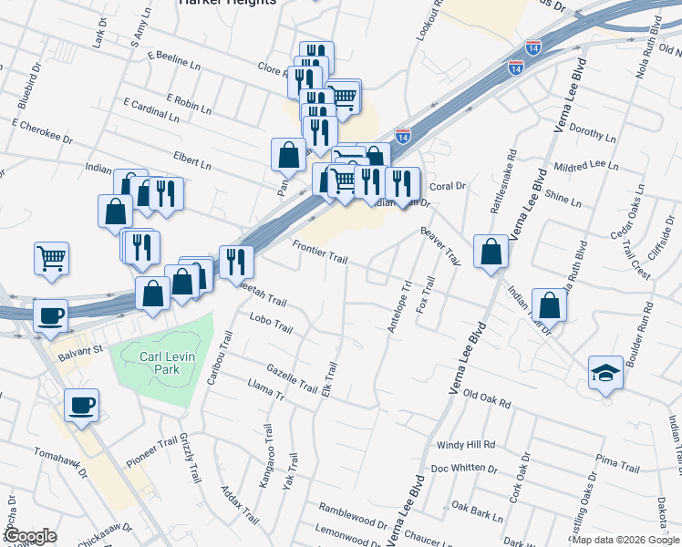 map of restaurants, bars, coffee shops, grocery stores, and more near 1702 Elk Trail in Harker Heights