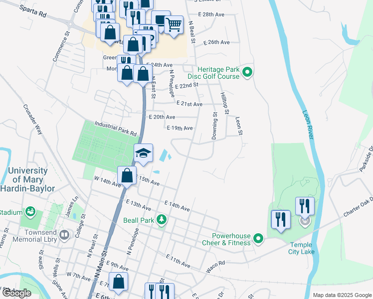 map of restaurants, bars, coffee shops, grocery stores, and more near 1806 North Beal Street in Belton