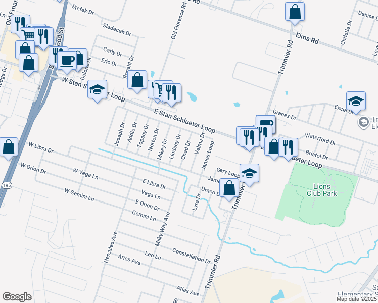 map of restaurants, bars, coffee shops, grocery stores, and more near 4906 Chad Drive in Killeen