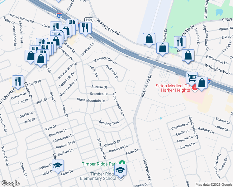 map of restaurants, bars, coffee shops, grocery stores, and more near 4608 Acorn Creek Trail in Killeen