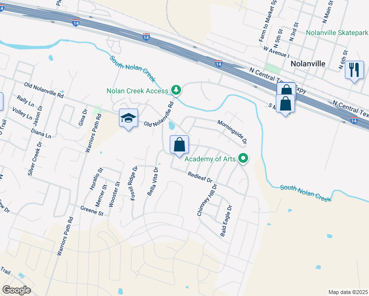 map of restaurants, bars, coffee shops, grocery stores, and more near 1001 Parkridge Drive in Nolanville