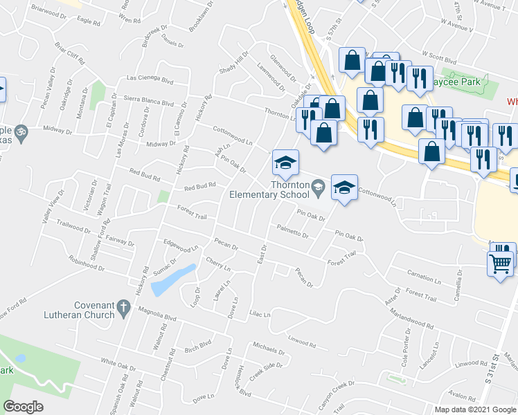 map of restaurants, bars, coffee shops, grocery stores, and more near 3401 Oaklawn Drive in Temple