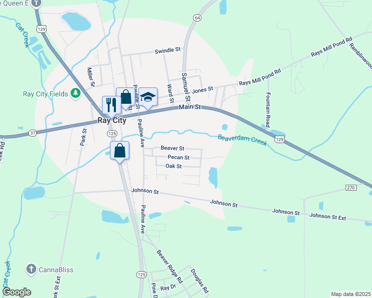 map of restaurants, bars, coffee shops, grocery stores, and more near 218 Beaver Street in Ray City