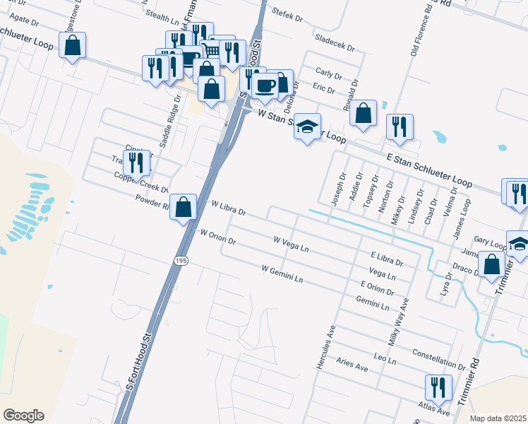 map of restaurants, bars, coffee shops, grocery stores, and more near 609 West Little Dipper Drive in Killeen