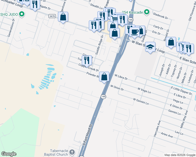map of restaurants, bars, coffee shops, grocery stores, and more near 1108 Powder River Drive in Killeen