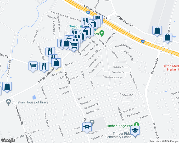 map of restaurants, bars, coffee shops, grocery stores, and more near 3311 Green Valley Drive in Killeen