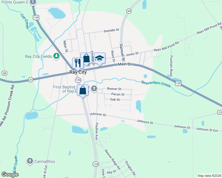 map of restaurants, bars, coffee shops, grocery stores, and more near 122 Beaver Street in Ray City