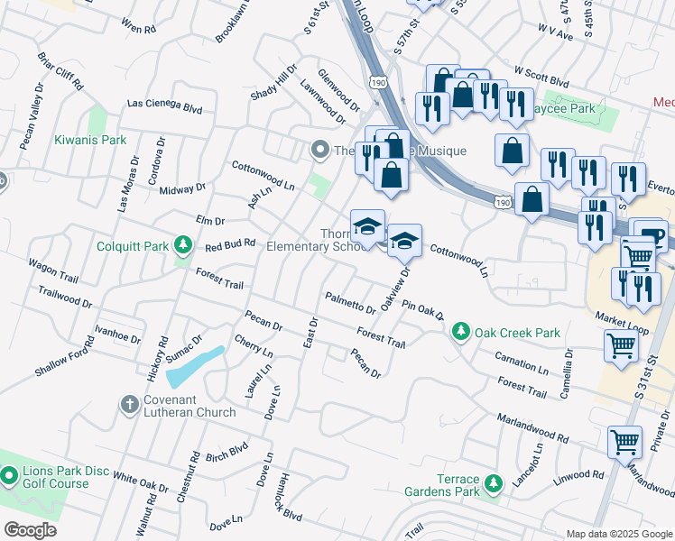 map of restaurants, bars, coffee shops, grocery stores, and more near 3305 East Drive in Temple