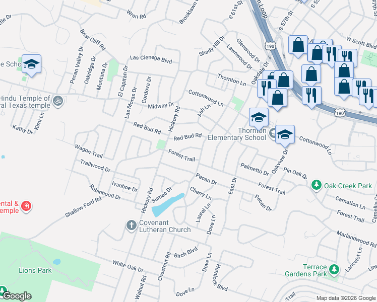 map of restaurants, bars, coffee shops, grocery stores, and more near 3201 Buckeye Lane in Temple