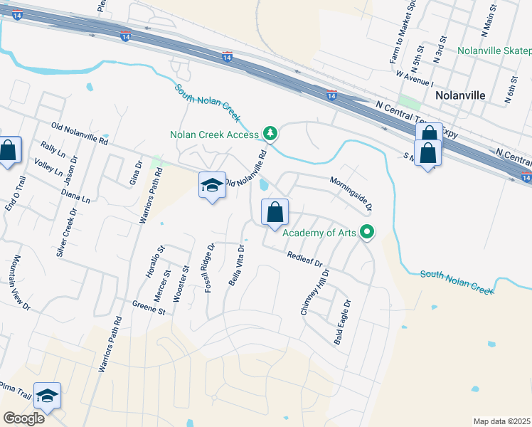map of restaurants, bars, coffee shops, grocery stores, and more near 1001 Parkridge Drive in Nolanville