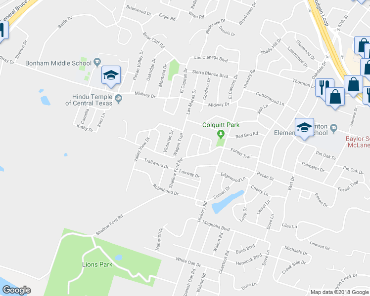 map of restaurants, bars, coffee shops, grocery stores, and more near 3610 Wolverine Trail in Temple