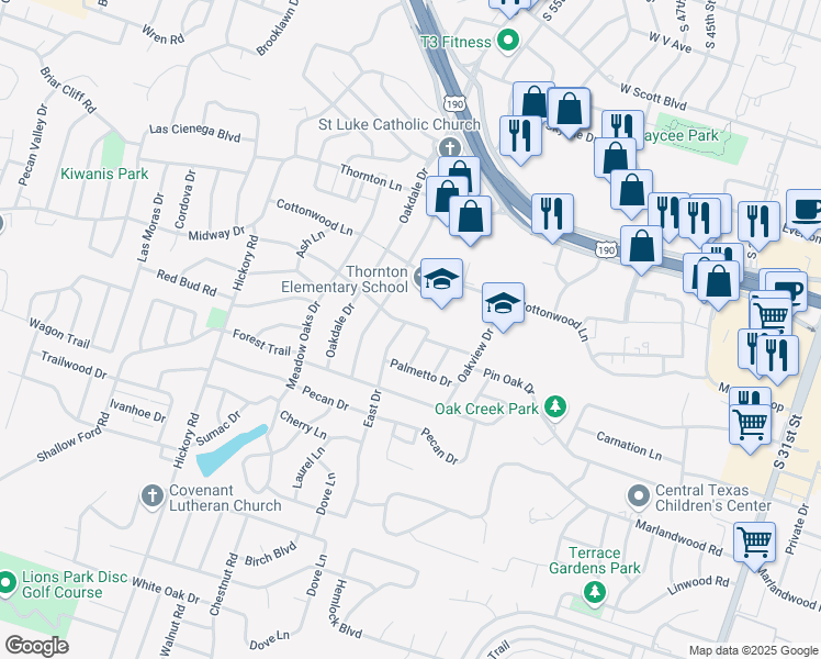 map of restaurants, bars, coffee shops, grocery stores, and more near 3305 East Drive in Temple
