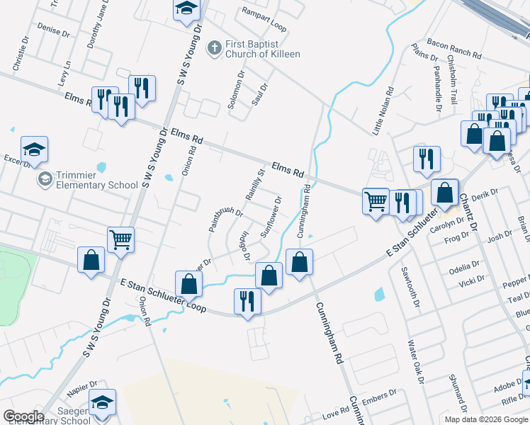map of restaurants, bars, coffee shops, grocery stores, and more near 3100 Lantana Drive in Killeen