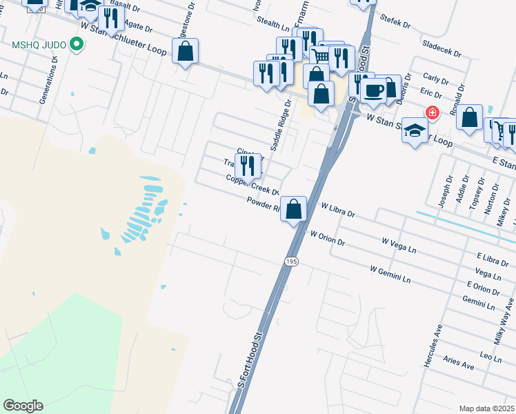 map of restaurants, bars, coffee shops, grocery stores, and more near 1210 Powder River Drive in Killeen