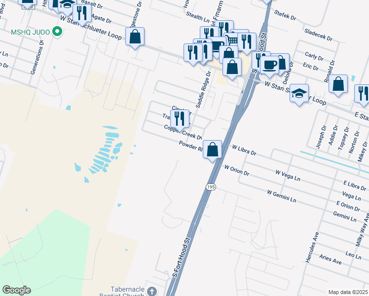 map of restaurants, bars, coffee shops, grocery stores, and more near 1210 Powder River Drive in Killeen