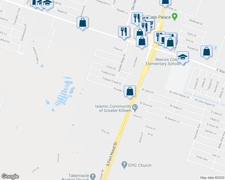 map of restaurants, bars, coffee shops, grocery stores, and more near 1210 Powder River Drive in Killeen