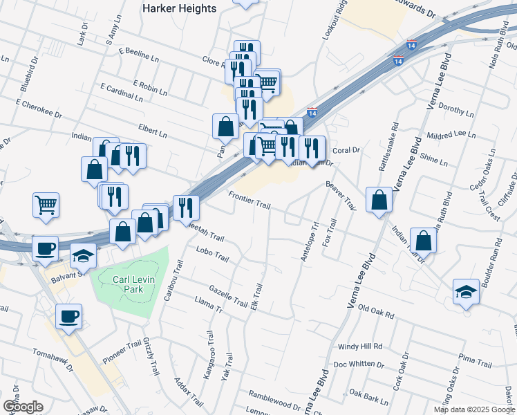 map of restaurants, bars, coffee shops, grocery stores, and more near 1701 Lynx Circle in Harker Heights