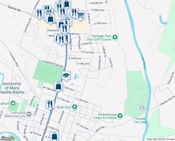 map of restaurants, bars, coffee shops, grocery stores, and more near 1806 North Beal Street in Belton