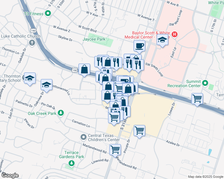 map of restaurants, bars, coffee shops, grocery stores, and more near 3170 South 31st Street in Temple