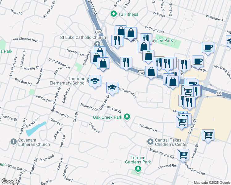 map of restaurants, bars, coffee shops, grocery stores, and more near 2405 Cottonwood Lane in Temple