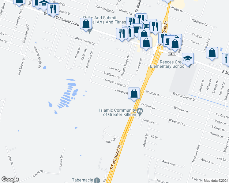 map of restaurants, bars, coffee shops, grocery stores, and more near 1210 Powder River Drive in Killeen