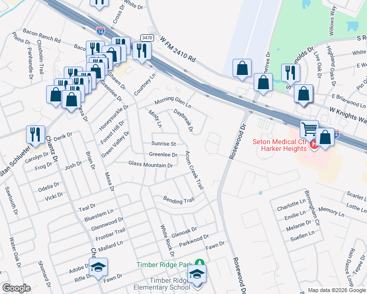 map of restaurants, bars, coffee shops, grocery stores, and more near 4608 Acorn Creek Trail in Killeen