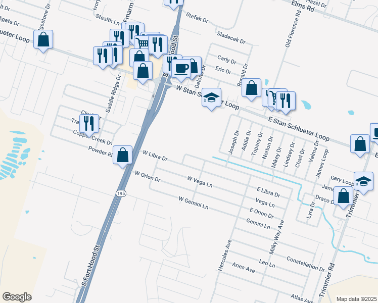 map of restaurants, bars, coffee shops, grocery stores, and more near 609 West Little Dipper Drive in Killeen