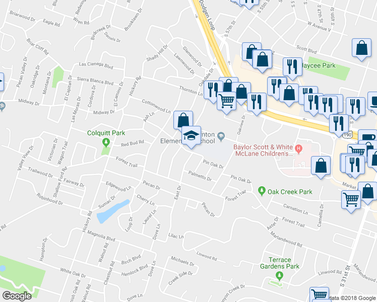 map of restaurants, bars, coffee shops, grocery stores, and more near 2934 Pin Oak Drive in Temple