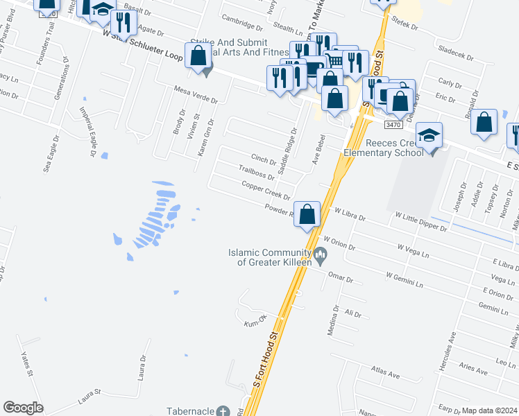 map of restaurants, bars, coffee shops, grocery stores, and more near 1210 Powder River Drive in Killeen