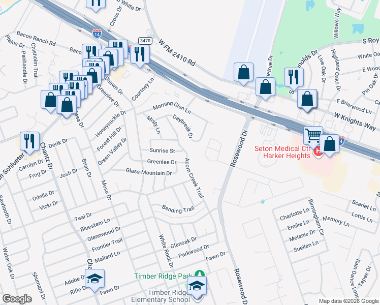 map of restaurants, bars, coffee shops, grocery stores, and more near 4608 Acorn Creek Trail in Killeen