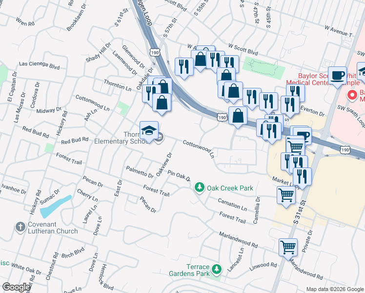 map of restaurants, bars, coffee shops, grocery stores, and more near 2405 Cottonwood Lane in Temple