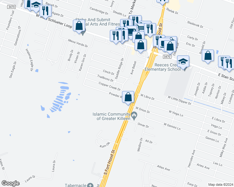 map of restaurants, bars, coffee shops, grocery stores, and more near 1108 Powder River Drive in Killeen