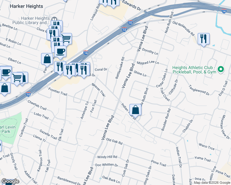 map of restaurants, bars, coffee shops, grocery stores, and more near 926 Indian Trail Drive in Harker Heights