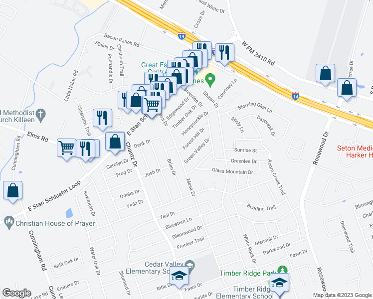 map of restaurants, bars, coffee shops, grocery stores, and more near 3306 Forest Hill Drive in Killeen
