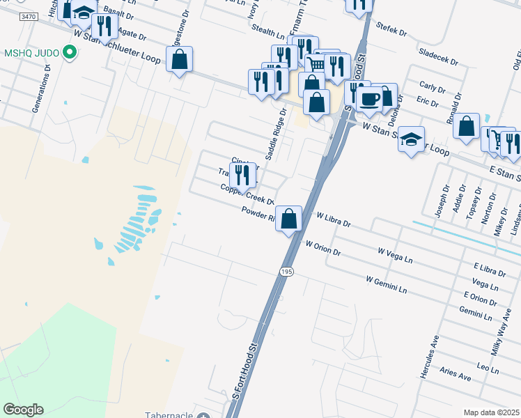 map of restaurants, bars, coffee shops, grocery stores, and more near 1201 Copper Creek Drive in Killeen