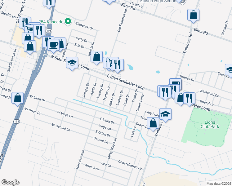 map of restaurants, bars, coffee shops, grocery stores, and more near 4802 Mikey Drive in Killeen