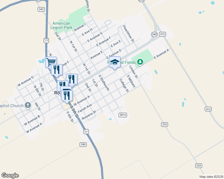 map of restaurants, bars, coffee shops, grocery stores, and more near 207 East Avenue A in Rosebud