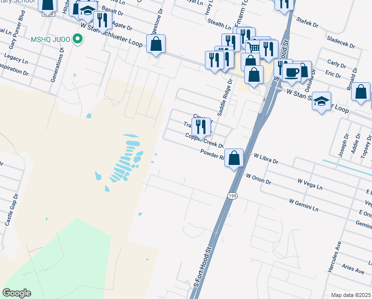 map of restaurants, bars, coffee shops, grocery stores, and more near 1311 Powder River Drive in Killeen