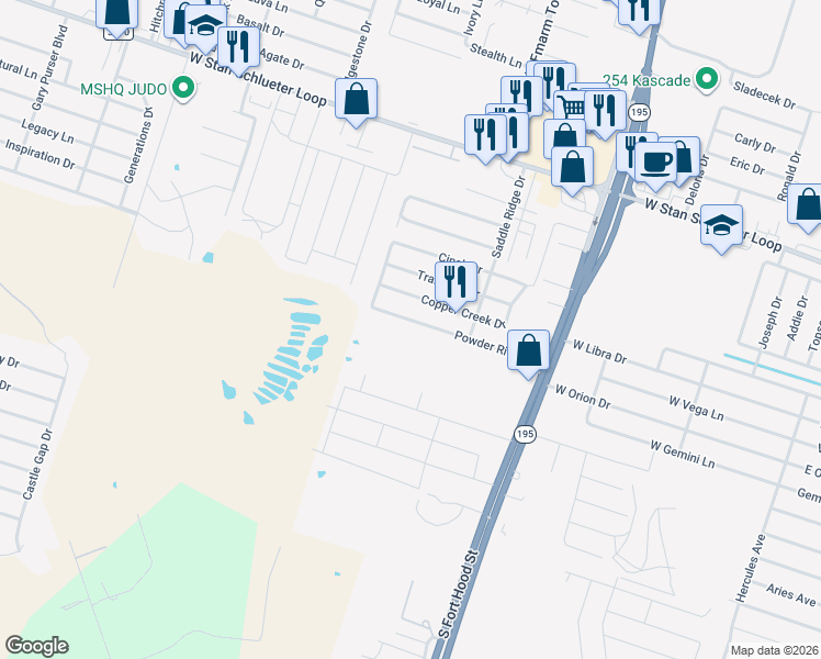 map of restaurants, bars, coffee shops, grocery stores, and more near 1402 Powder River Drive in Killeen