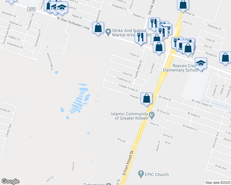 map of restaurants, bars, coffee shops, grocery stores, and more near 1311 Powder River Drive in Killeen