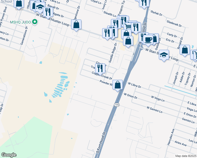 map of restaurants, bars, coffee shops, grocery stores, and more near 1212 Copper Creek Drive in Killeen