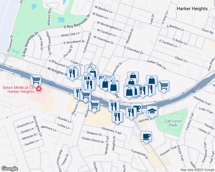map of restaurants, bars, coffee shops, grocery stores, and more near 108 Arrowhead Drive in Harker Heights