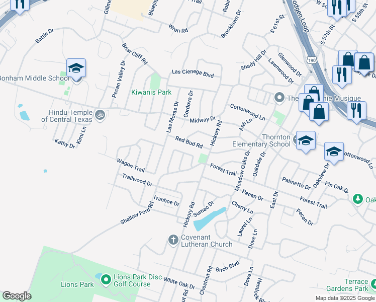 map of restaurants, bars, coffee shops, grocery stores, and more near 3615 Red Bud Road in Temple