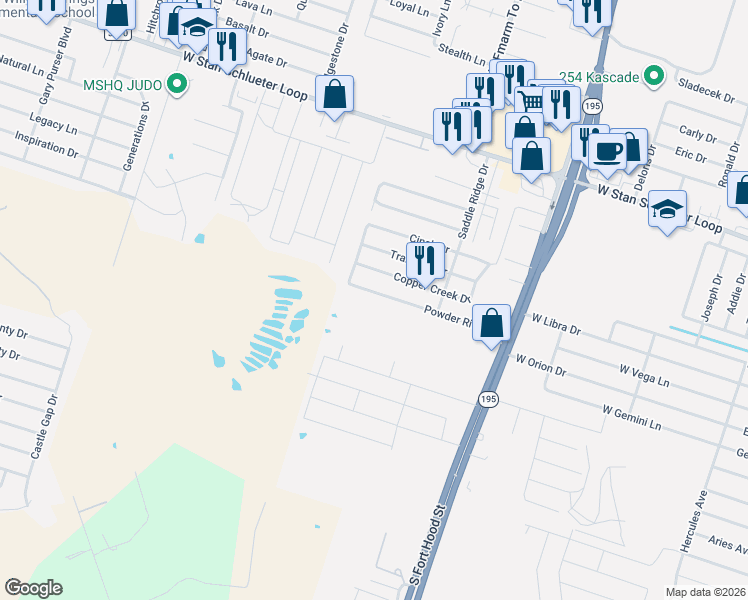 map of restaurants, bars, coffee shops, grocery stores, and more near 1412 Powder River Drive in Killeen