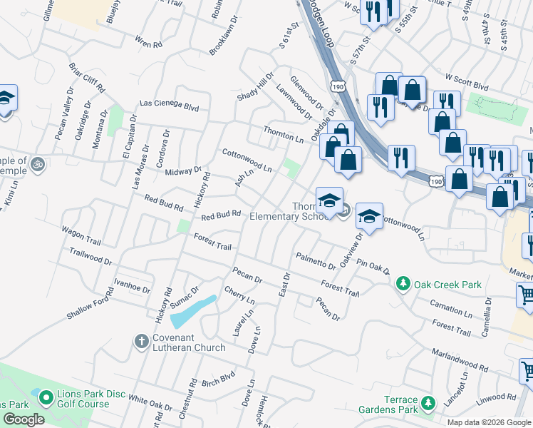 map of restaurants, bars, coffee shops, grocery stores, and more near 3309 Meadow Oaks Drive in Temple